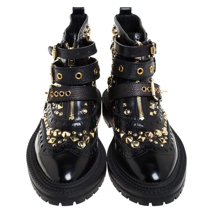 Pre Owned Burberry Black Studded Leather Everdon Ankle Boots Size 40
