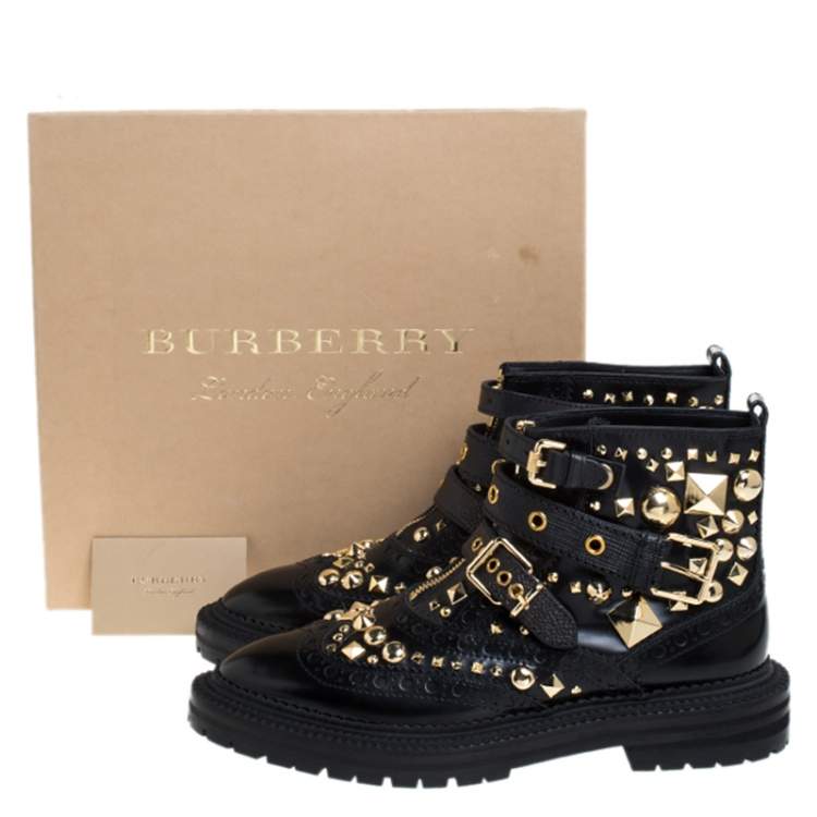 Pre Owned Burberry Black Studded Leather Everdon Ankle Boots Size 40