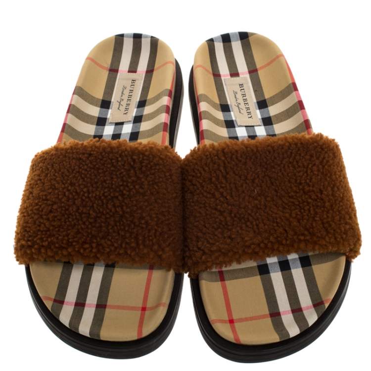 Pre Owned Burberry Brown Shearling And Vintage Check Kencot Slides Size 39.5