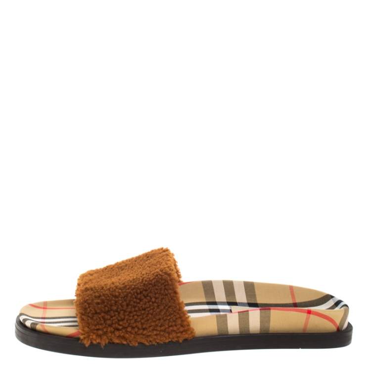 Pre Owned Burberry Brown Shearling And Vintage Check Kencot Slides Size 39.5