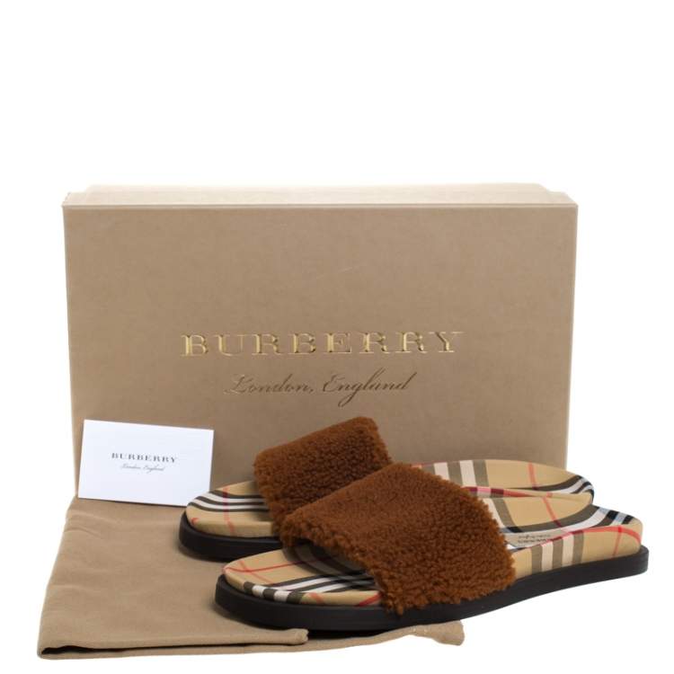 Pre Owned Burberry Brown Shearling And Vintage Check Kencot Slides Size 39.5
