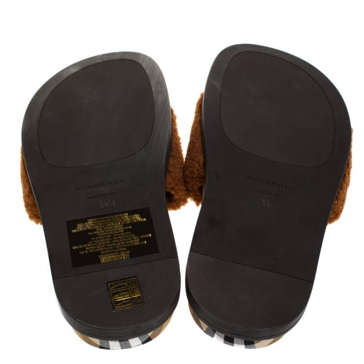 Pre Owned Burberry Brown Shearling And Vintage Check Kencot Slides Size 39.5
