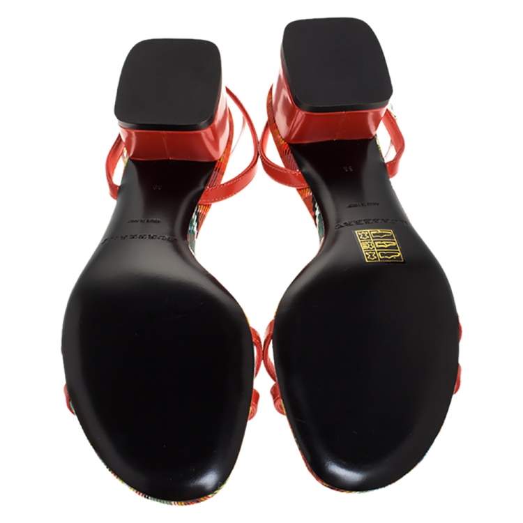 Pre Owned Burberry Red/White Leather Printed Anthea Ankle Strap Sandals Size 38
