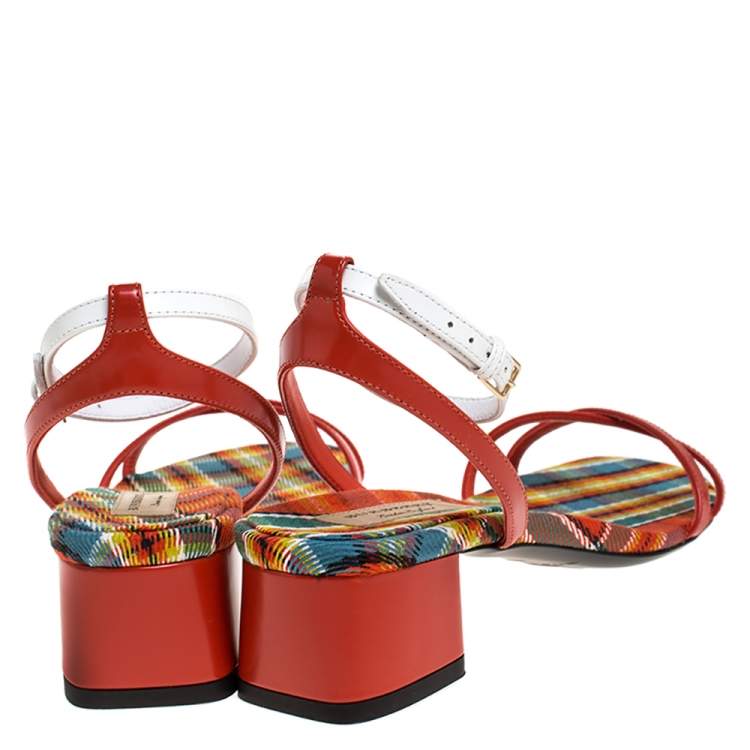 Pre Owned Burberry Red/White Leather Printed Anthea Ankle Strap Sandals Size 38