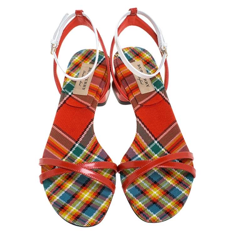 Pre Owned Burberry Red/White Leather Printed Anthea Ankle Strap Sandals Size 38