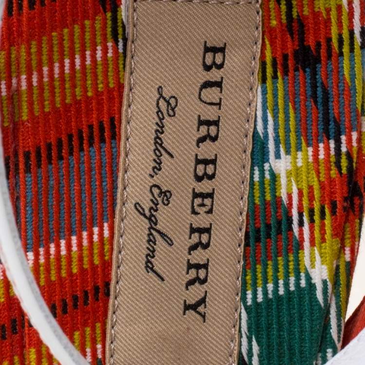 Pre Owned Burberry Red/White Leather Printed Anthea Ankle Strap Sandals Size 38