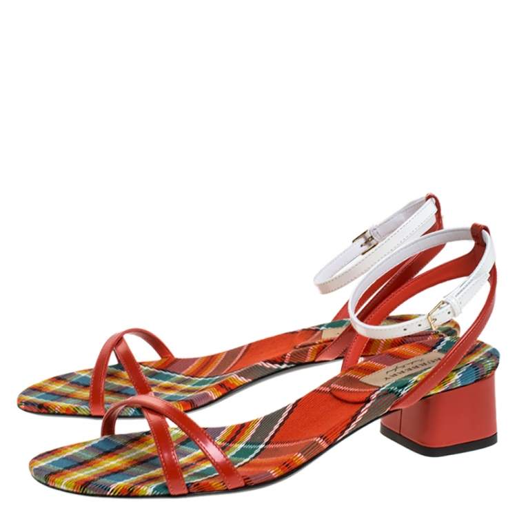 Pre Owned Burberry Red/White Leather Printed Anthea Ankle Strap Sandals Size 38