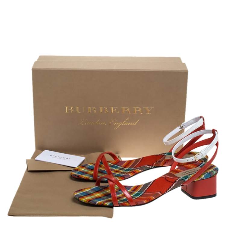 Pre Owned Burberry Red/White Leather Printed Anthea Ankle Strap Sandals Size 38