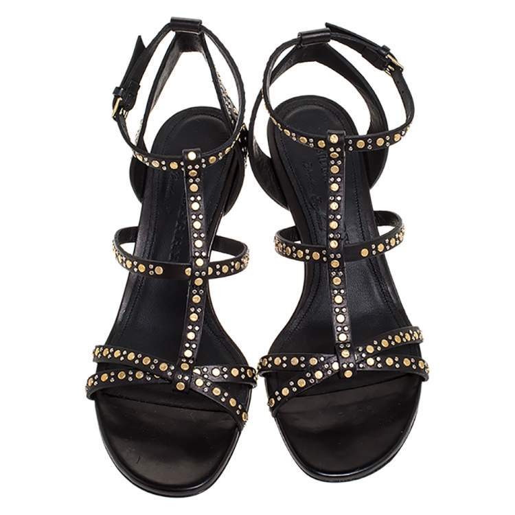 Pre Owned Burberry Black Leather Riveted Hansel Ankle Strap Sandals Size 37.5