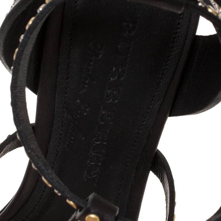 Pre Owned Burberry Black Leather Riveted Hansel Ankle Strap Sandals Size 37.5