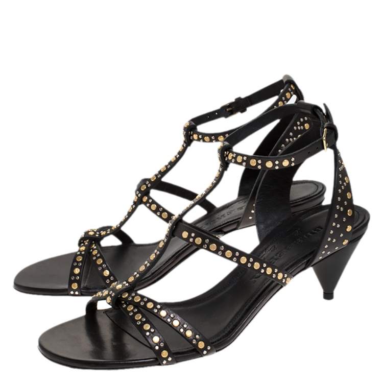 Pre Owned Burberry Black Leather Riveted Hansel Ankle Strap Sandals Size 37.5
