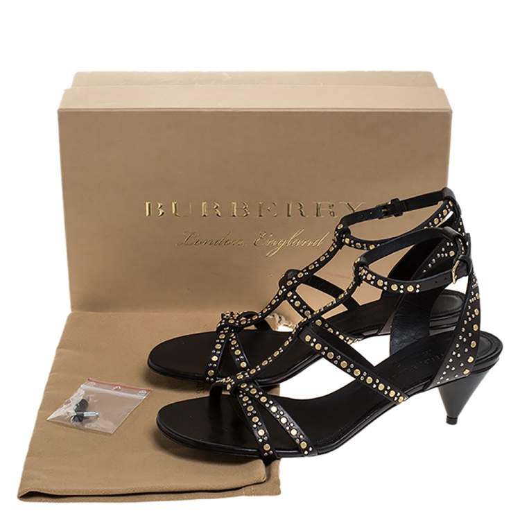 Pre Owned Burberry Black Leather Riveted Hansel Ankle Strap Sandals Size 37.5