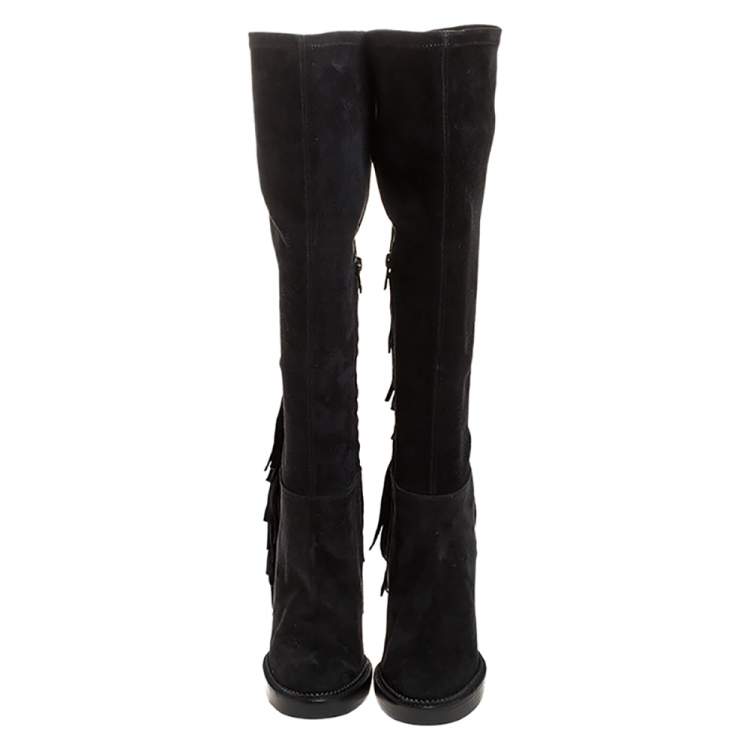 Pre Owned Burberry Black Suede Fringe Detail Caitlin Platform Knee High Boots Size 40