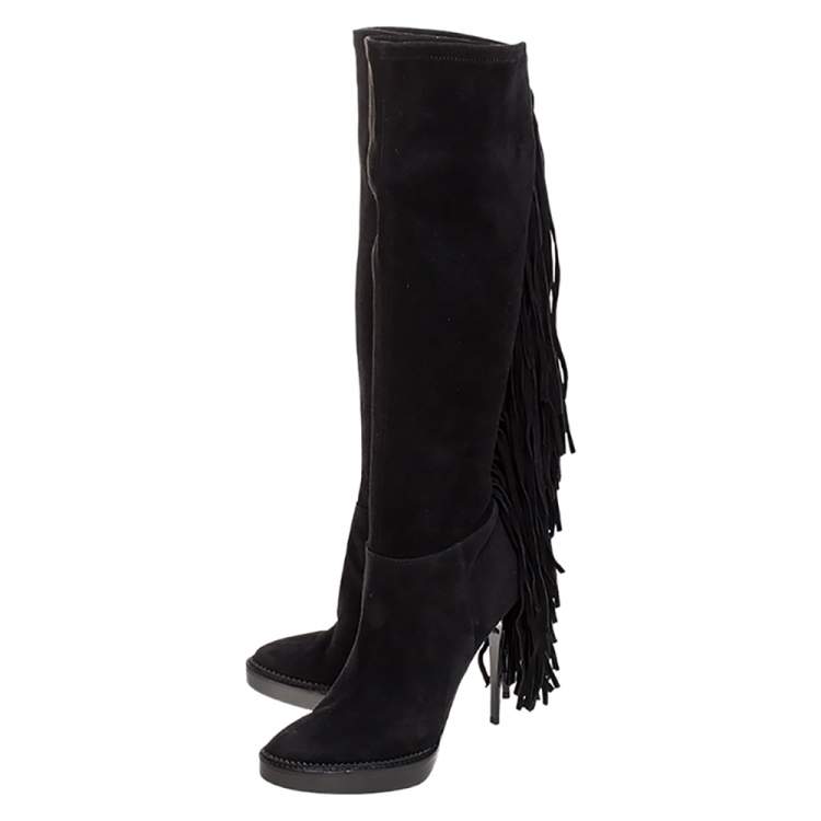 Pre Owned Burberry Black Suede Fringe Detail Caitlin Platform Knee High Boots Size 40