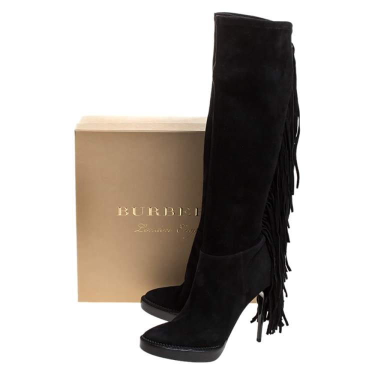 Pre Owned Burberry Black Suede Fringe Detail Caitlin Platform Knee High Boots Size 40