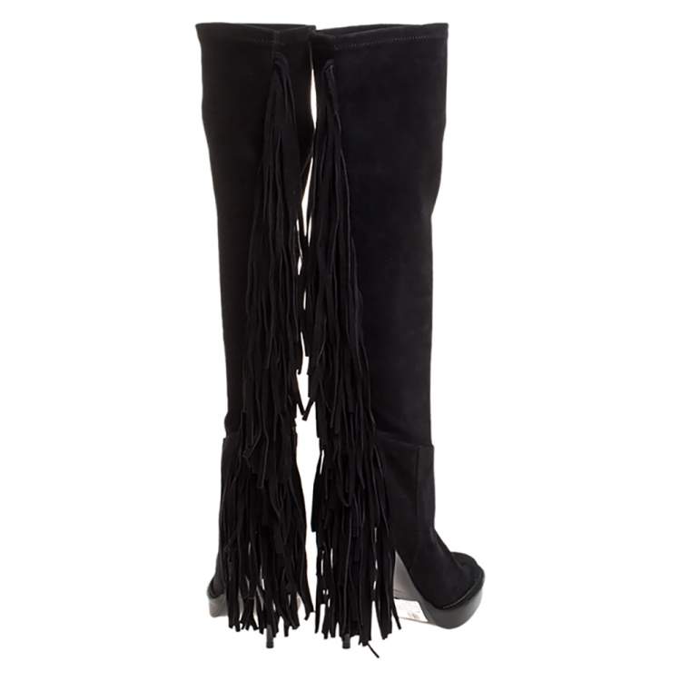 Pre Owned Burberry Black Suede Fringe Detail Caitlin Platform Knee High Boots Size 40