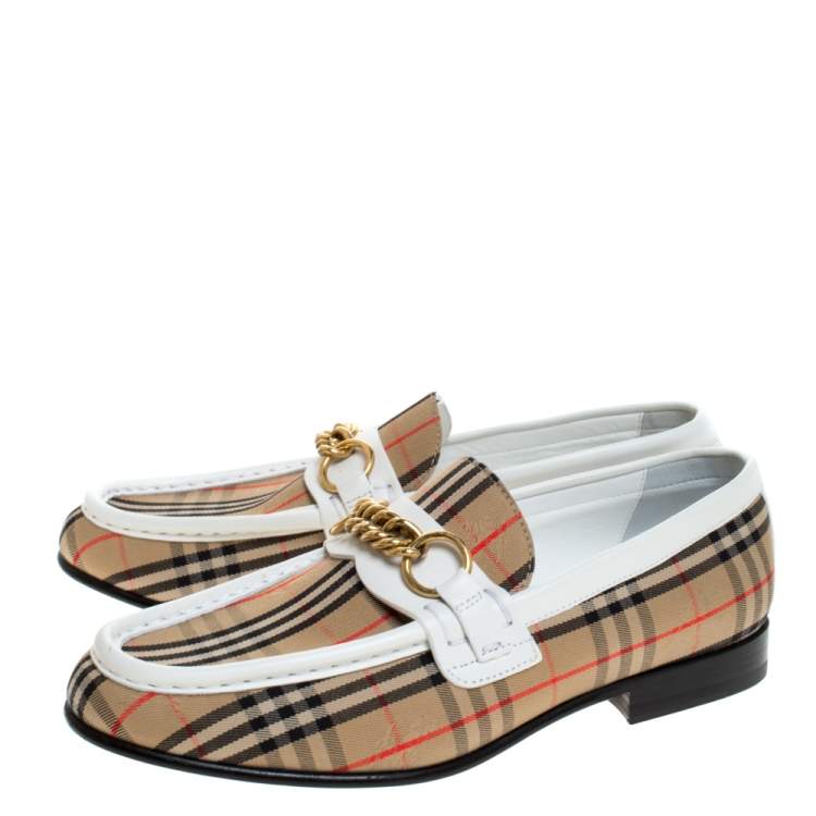 مملوكة مسبقًا Burberry Beige/White Nova Check Canvas and Leather Moorley Chain Loafers Size 38
