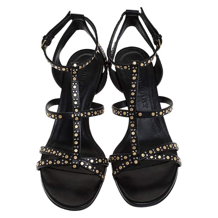 Pre Owned Burberry Black Studded Leather Hansel 55 T Strap Sandals Size 38.5