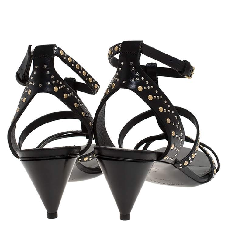 Pre Owned Burberry Black Studded Leather Hansel 55 T Strap Sandals Size 38.5