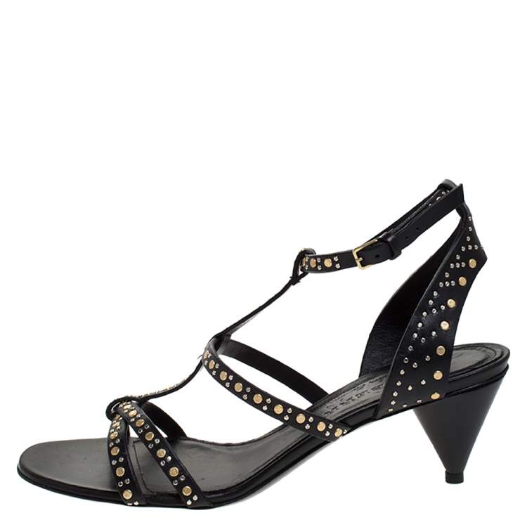 Pre Owned Burberry Black Studded Leather Hansel 55 T Strap Sandals Size 38.5