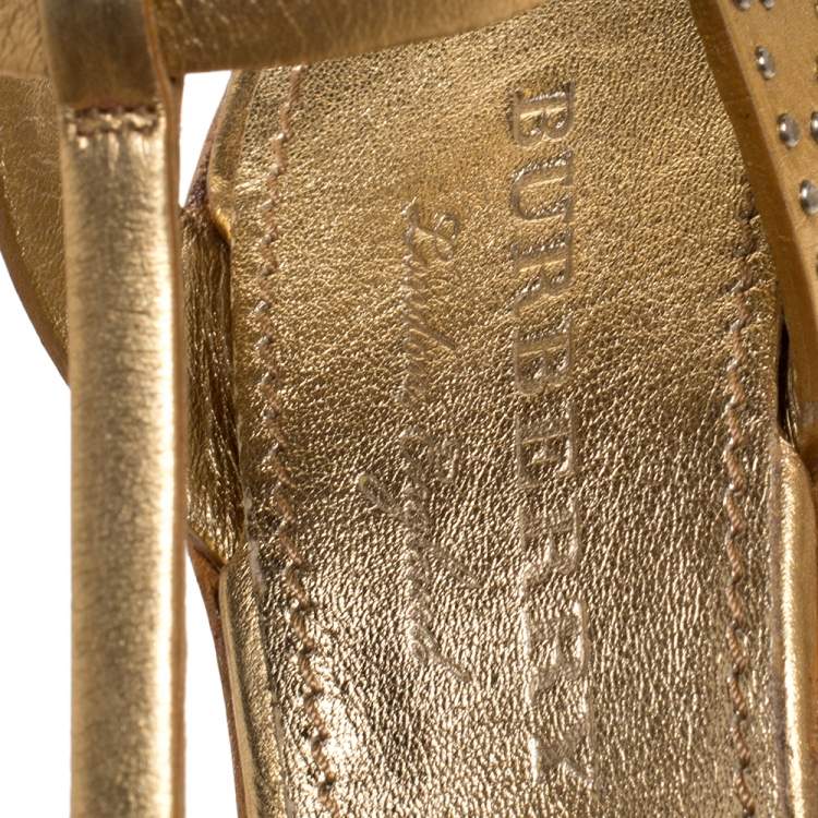 Pre Owned Burberry Metallic Gold Leather Runway Hans T Strap Sandals Size 40