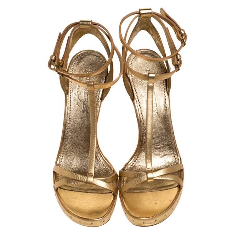 Pre Owned Burberry Metallic Gold Leather Runway Hans T Strap Sandals Size 40