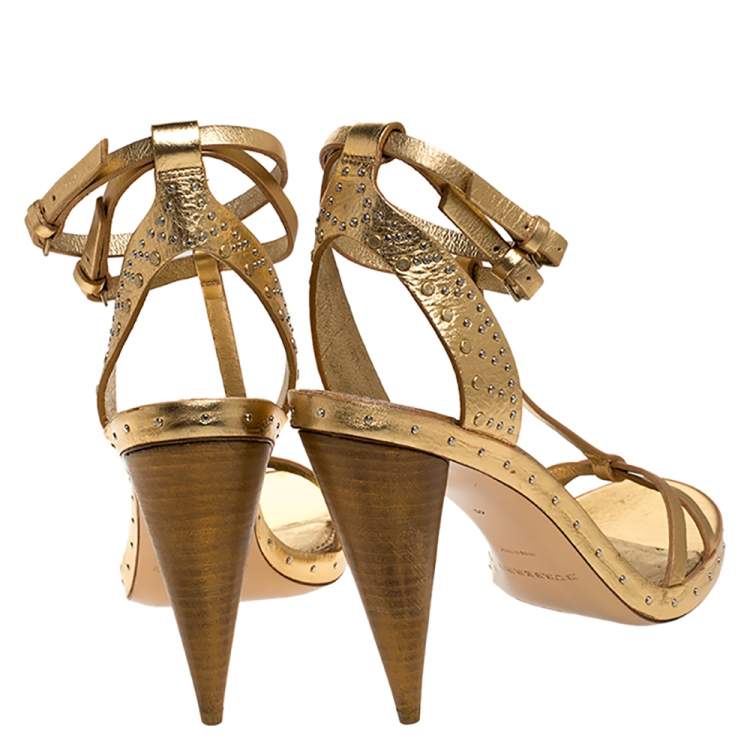 Pre Owned Burberry Metallic Gold Leather Runway Hans T Strap Sandals Size 40