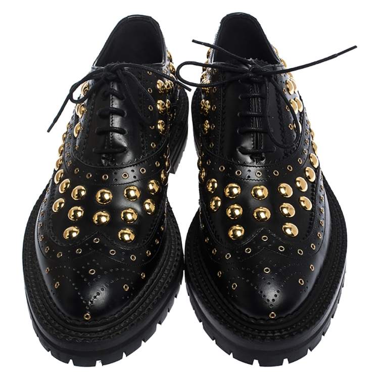 Pre Owned Burberry Black Brogue Leather Studded Derby Size 38