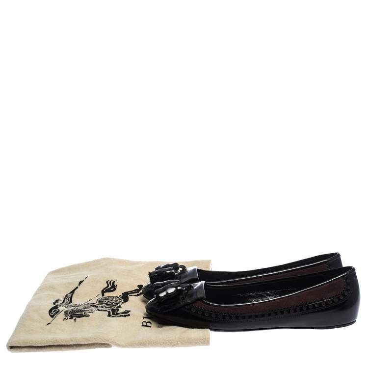 Pre Owned Burberry Black Brogue Leather Tassel Fringe Ballet Flats Size 41