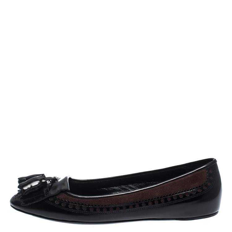 Pre Owned Burberry Black Brogue Leather Tassel Fringe Ballet Flats Size 41