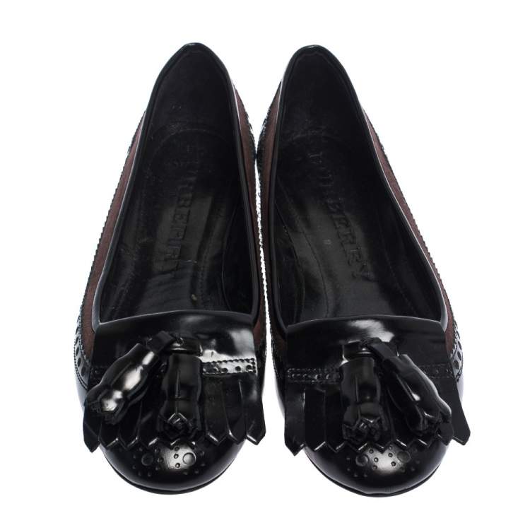 Pre Owned Burberry Black Brogue Leather Tassel Fringe Ballet Flats Size 41