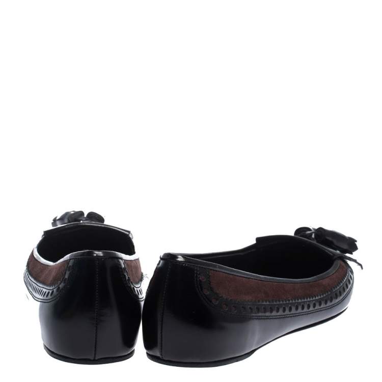Pre Owned Burberry Black Brogue Leather Tassel Fringe Ballet Flats Size 41