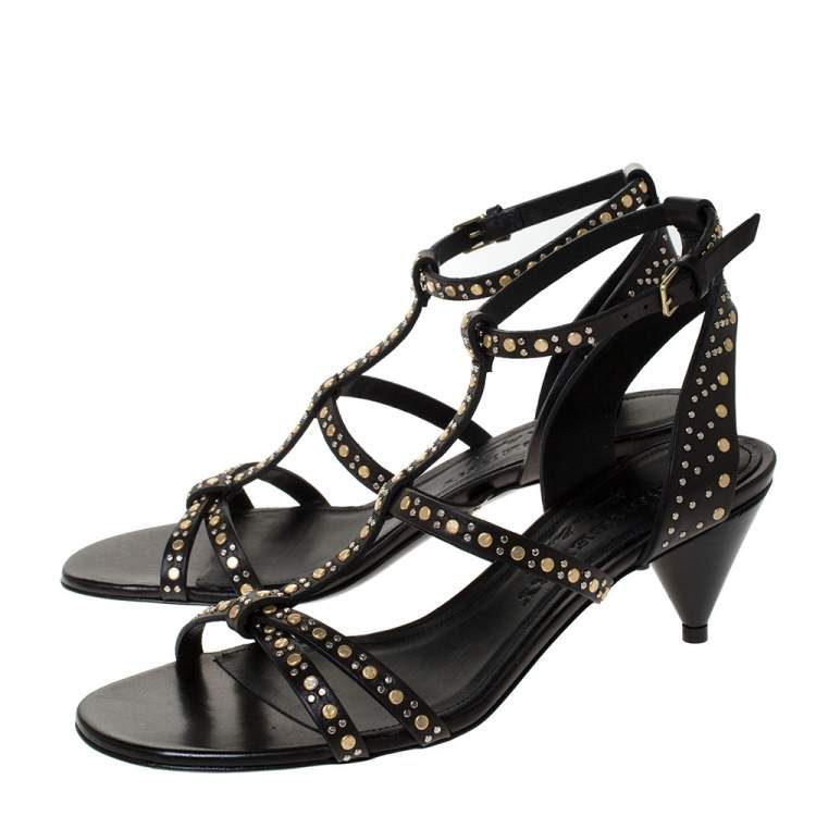 Pre Owned Burberry Black Studded Leather Hansel 55 T Strap Sandals Size 37