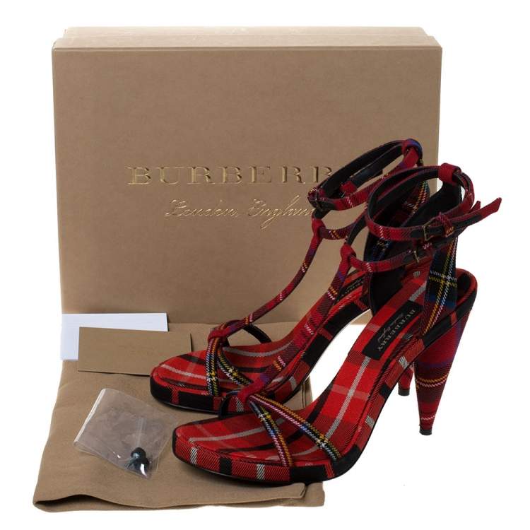 Pre Owned Burberry Red Novacheck Canvas Hans 110 T Strap Sandals Size 39