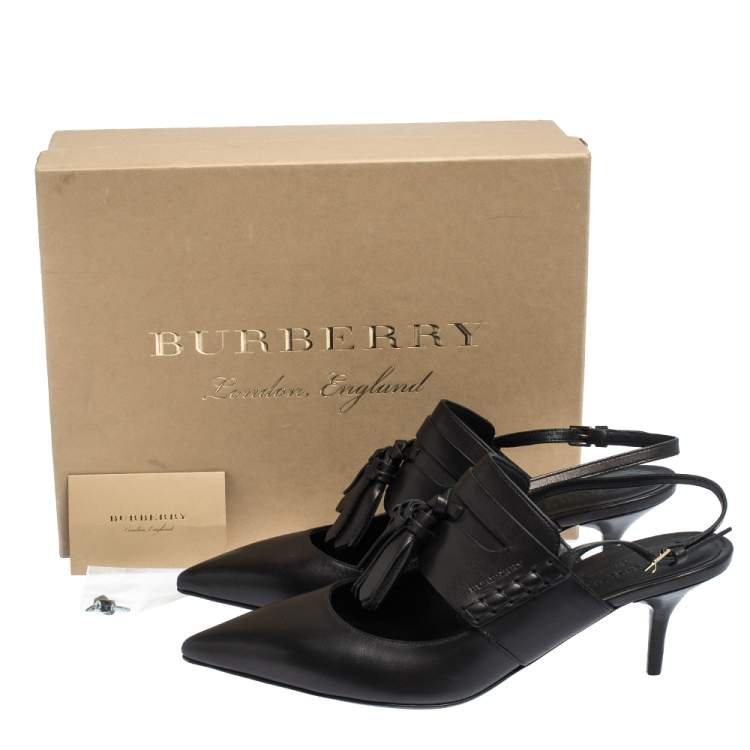 Pre Owned Burberry Black Leather Colebert Cut Out Pointed Toe Tassel Detail Slingback Sandals Size 39