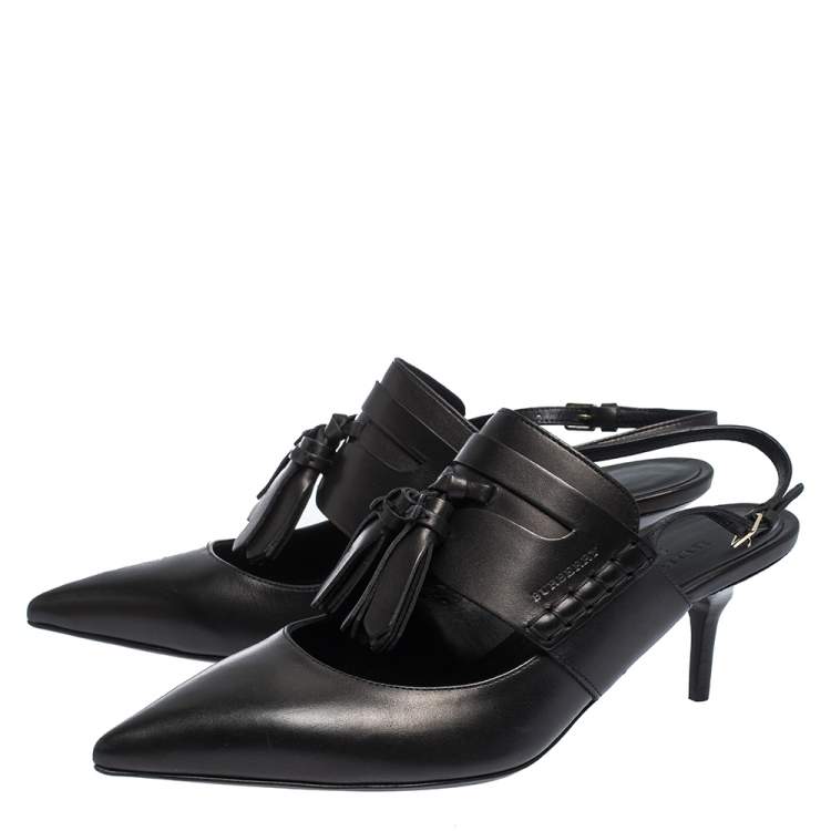 Pre Owned Burberry Black Leather Colebert Cut Out Pointed Toe Tassel Detail Slingback Sandals Size 39
