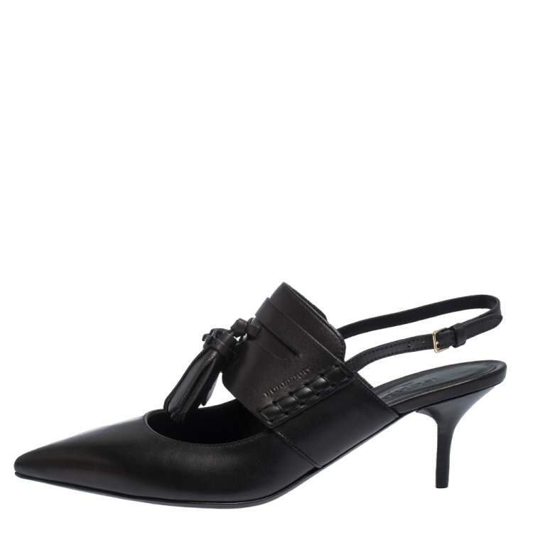 Pre Owned Burberry Black Leather Colebert Cut Out Pointed Toe Tassel Detail Slingback Sandals Size 39