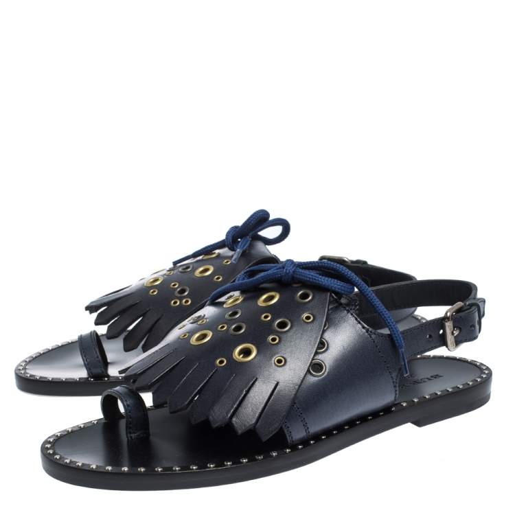 Pre Owned Burberry Navy Blue Leather Kiltie Fringe Eyelet Detail Flat Sandals Size 37