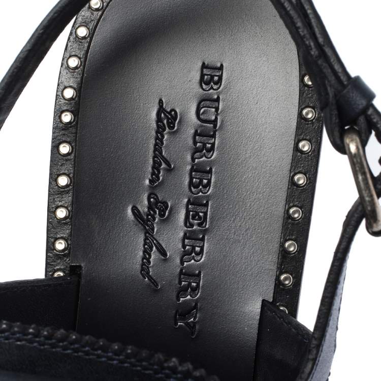 Pre Owned Burberry Navy Blue Leather Kiltie Fringe Eyelet Detail Flat Sandals Size 37