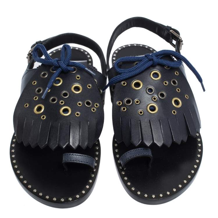 Pre Owned Burberry Navy Blue Leather Kiltie Fringe Eyelet Detail Flat Sandals Size 37