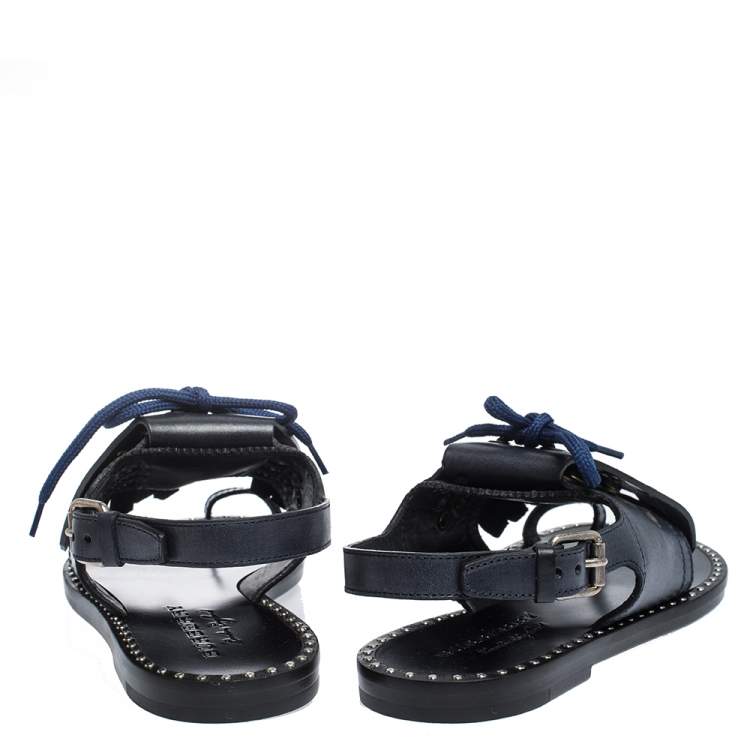 Pre Owned Burberry Navy Blue Leather Kiltie Fringe Eyelet Detail Flat Sandals Size 37