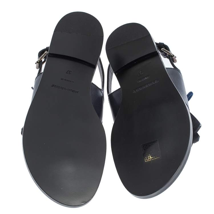 Pre Owned Burberry Navy Blue Leather Kiltie Fringe Eyelet Detail Flat Sandals Size 37