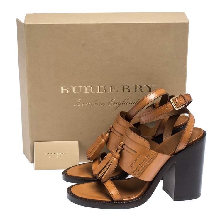 Pre Owned Burberry Cognac Brown Leather Bethany Tassel Detail Block Heel Sandals Size 40