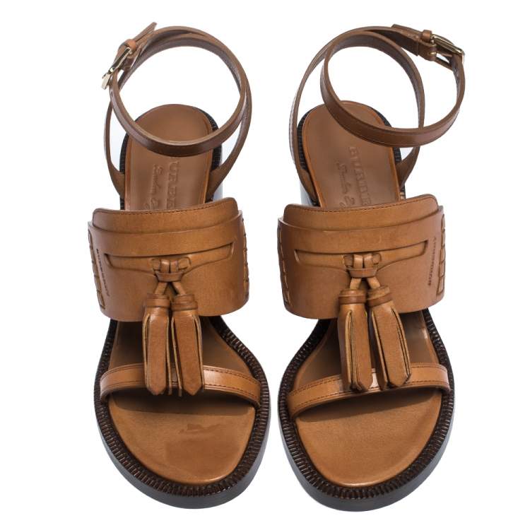 Pre Owned Burberry Cognac Brown Leather Bethany Tassel Detail Block Heel Sandals Size 40