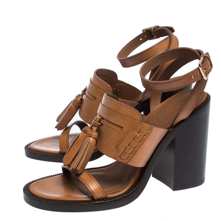 Pre Owned Burberry Cognac Brown Leather Bethany Tassel Detail Block Heel Sandals Size 40