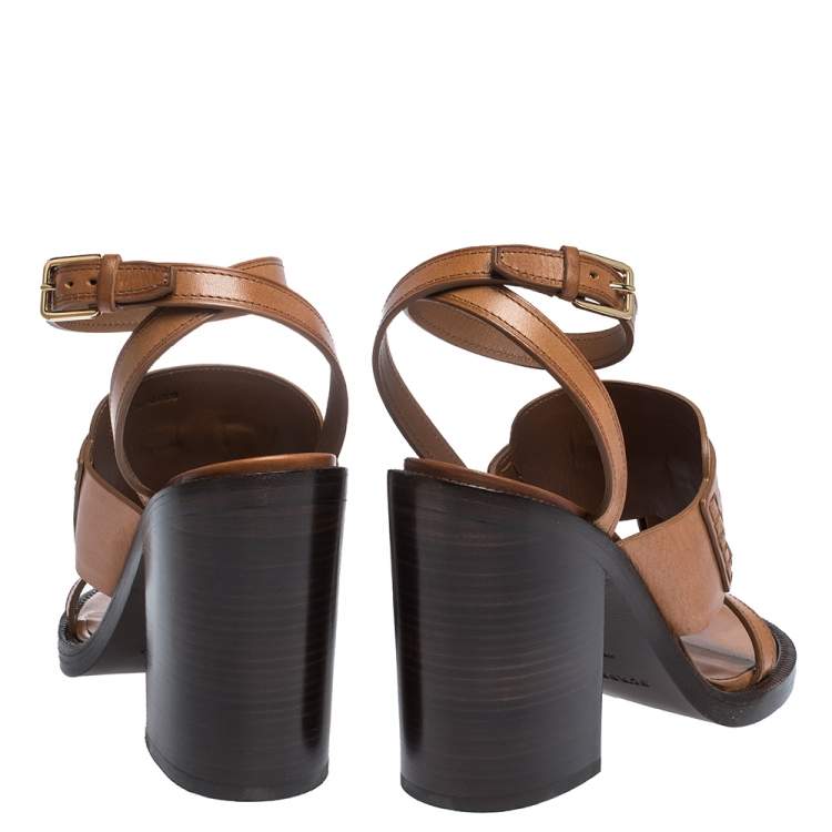 Pre Owned Burberry Cognac Brown Leather Bethany Tassel Detail Block Heel Sandals Size 40