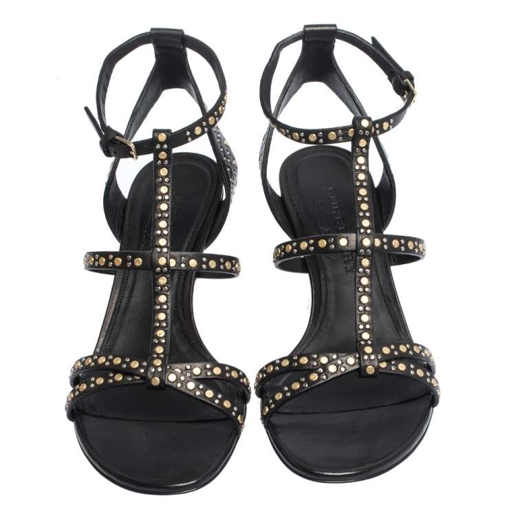 Pre Owned Burberry Black Leather Studded Hansel Cone Heel T Strap Sandals Size 40