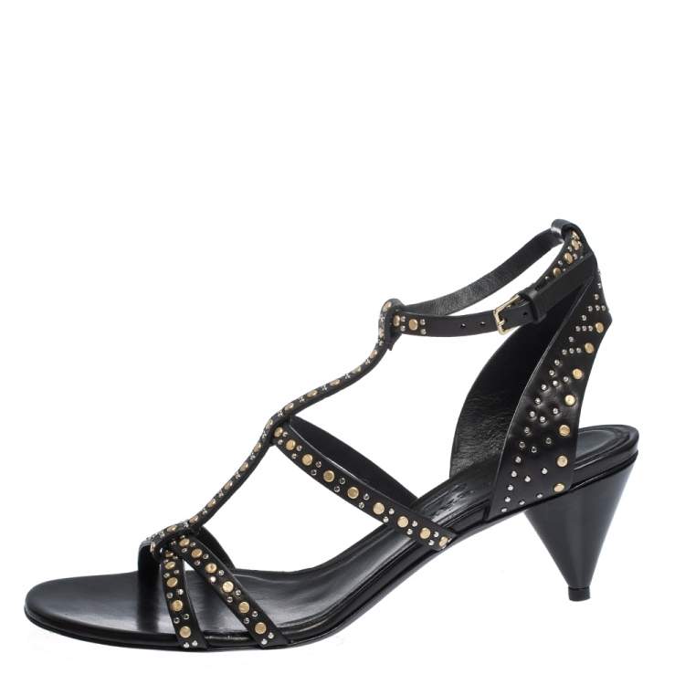 Pre Owned Burberry Black Leather Studded Hansel Cone Heel T Strap Sandals Size 40