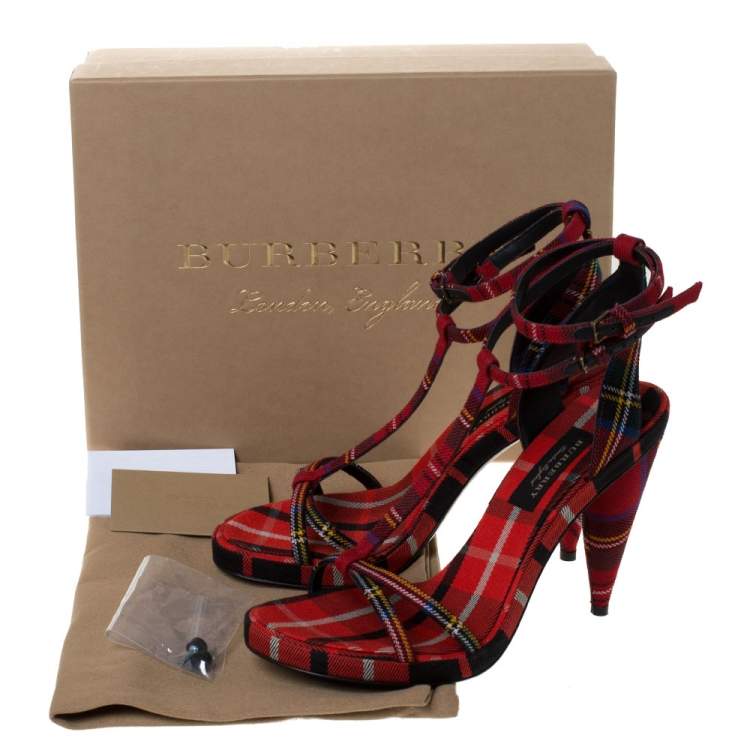 Pre Owned Burberry Red Novacheck Canvas Hans 110 T Strap Sandals Size 38