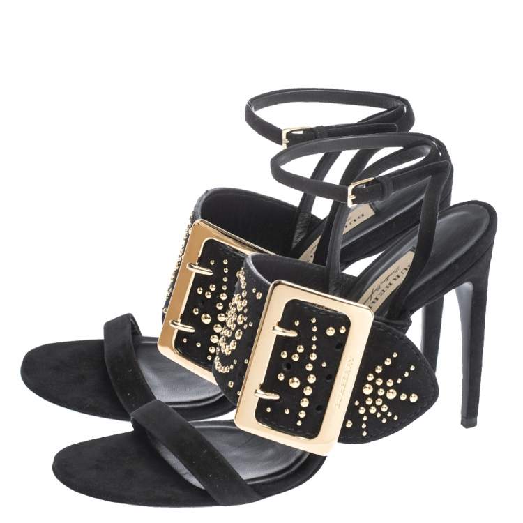 Pre Owned Burberry Black Suede Stud Embellished Padstow Ankle Wrap Sandals Size 40